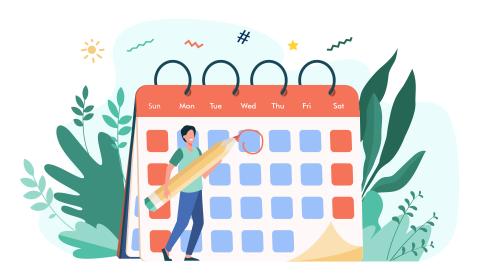 Date limite de marquage des employés. Homme avec crayon fixant la date de l'événement et en prenant note dans le calendrier. Illustration vectorielle pour le calendrier, l'ordre du jour, la gestion du temps